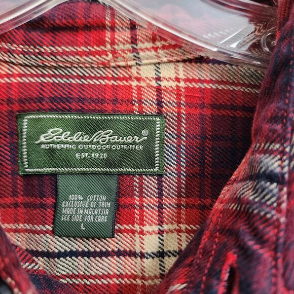 Eddie Bauer red, black & cream medium weight plaid flannel shirt mens size large - Picture 2 of 11